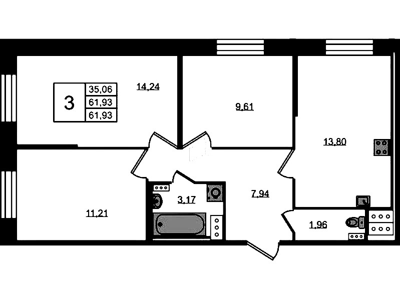3-комнатная квартира 61.93 м², 2/11 эт., ЖК «Новое Колпино»